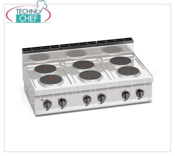 TECHNOCHEF - COCINA ELÉCTRICA 6 PLACAS SUPERIORES, Kw.15,6, Mod.E7P6B COCINA ELÉCTRICA 6 PLACAS, BERTOS, Línea MACROS 700, Serie ALTA POTENCIA, con 6 placas REDONDAS Ø 220 mm, MANDOS INDEPENDIENTES, 6 niveles de potencia, V.400/3+N, Kw.15,6 Peso 58 Kg, dim . mm.1200x700x290h