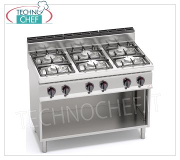 TECHNOCHEF - COCINA A GAS 6 FUEGOS SOBRE MUEBLE ABIERTO, Kw.33,5, Mod.G7F6MPW COCINA A GAS 6 FUEGOS sobre ARMARIO ABIERTO, BERTO'S, Línea MACROS 700, Serie ECO POWER, potencia térmica Kw.33,5, Peso 90 Kg, dim.mm.1200x700x900h