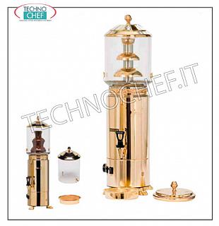 Dispensadores de bebidas calientes para el desayuno Chocolatera fuente dorada en acero inoxidable 18/10 con dorado, equipada con sistema baño maría. Producción horaria 110 tazas, Kw 0,9, V 230/1, dimensiones (cm): 29,6x39x65,2