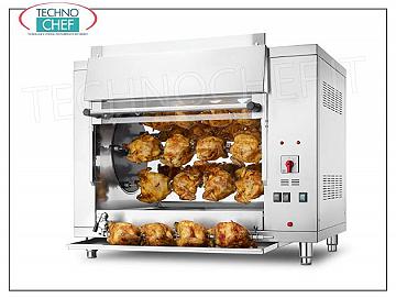 ASADOR PLANETARIO ELÉCTRICO con 5 VARILLAS para 20 POLLOS, Encimera ROTISSERIE PLANETARIO ELÉCTRICO en ACERO INOXIDABLE con 5 SUBASTAS para 20 POLLOS, equipada con luz interior de 708 mm de largo, peso 108 kg, V.400 / 3 + N. kw 7,3, dimensiones mm 1008x660x790h