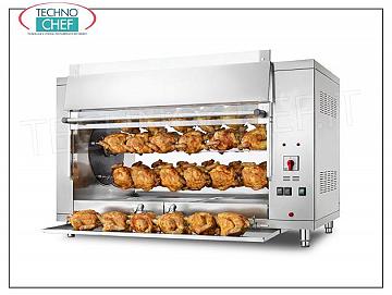 ASADOR PLANETARIO ELÉCTRICO de 5 VARILLAS para 30 POLLOS, V.400 / 3 + N Encimera ROTISSERIE PLANETARIO ELÉCTRICO en ACERO INOXIDABLE con 5 SUBASTAS para 30 POLLOS, equipada con luz interior de 1000 mm de largo, peso 123 kg, V.400 / 3 + N. kw 9,5, dimensiones mm 1300x660x790h