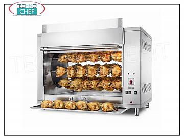 ASADOR PLANETARIO ELECTRICO de 8 VARILLAS para 48 POLLOS, Encimera ROTISSERIE PLANETARIO ELÉCTRICO en ACERO INOXIDABLE con 8 SUBASTAS para 48 POLLOS, equipada con luz interior de 1000 mm de largo, peso 175 kg, V.400 / 3 + N. kw 9,5, dimensiones mm 1300x800x930h