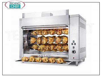 ASADOR PLANETARIO A GAS con 8 VARILLAS para 48 POLLOS, ROTISSERIE PLANETARIO GAS Encimera en ACERO INOXIDABLE con 8 SUBASTAS para 48 POLLOS, equipado con luz interior de 1000 mm de largo, peso 180 kg, Potencia Térmica 13,5 kw, V.230 / 1, kw 0,18, dimensiones 1300x800x980h mm