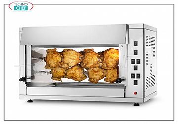 ASADOR ELÉCTRICO con 3 VARILLAS superpuestas para 12 POLLOS Encimera ROTISSERIE ELÉCTRICA en ACERO INOXIDABLE con 3 SUBASTAS simples superpuestas para 12 POLLOS, equipada con luz interna 720 mm de largo, peso 48 kg, V.230 / 1, kw 5.0, dimensiones 880x430x710h mm