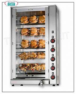 ROTISSERIE ELÉCTRICO con 5 VARILLAS superpuestas independientes para 15 POLLOS ASADOR ELÉCTRICO con 5 VARILLAS DE APILAMIENTO INDEPENDIENTES para 15 POLLOS, Posibilidad de CARGA PARCIAL, cerrado con 2 Puertas de Vidrio, peso kg 70, V.400/3 + N, kw 8,3, dimensiones cm 70,5x45x125h