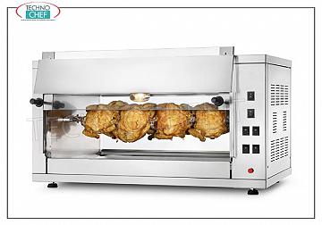 ASADOR ELÉCTRICO con 2 SUBASTAS superpuestas para 8 POLLOS Encimera ROTISSERIE ELÉCTRICA en ACERO INOXIDABLE con 2 SUBASTAS simples superpuestas para 8 POLLOS, equipada con luz interna 720 mm de largo, peso 41 kg, V.230 / 1, kw 3,5, dimensiones 880x430x530h mm