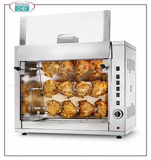 ASADOR A GAS con 3 VARILLAS superpuestas para 12 POLLOS Encimera ROTISSERIE A GAS en ACERO INOXIDABLE con 3 SUBASTAS simples superpuestas para 12 POLLOS, equipada con luz interna 720 mm de largo, peso 67 kg, dimensiones 900x510x780h mm