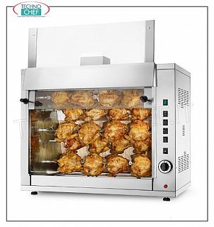 ASADOR A GAS con 5 VARILLAS superpuestas para 20 POLLOS Encimera ROTISSERIE A GAS en ACERO INOXIDABLE con 5 VARILLAS simples superpuestas para 20 POLLOS, equipada con luz interna 720 mm de largo, peso 81 kg, dimensiones 900x510x780h mm