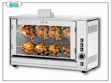 ASADORA A GAS con 2 VARILLAS superpuestas para 8 POLLOS Encimera ROTISSERIE A GAS en ACERO INOXIDABLE con 2 SUBASTAS simples superpuestas para 8 POLLOS, equipada con luz interna 720 mm de largo, peso 55 kg, dimensiones 880x430x530h mm