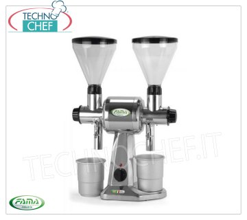 FAMA - Molinillo de Café Profesional Doble, rendimiento horario 10+10 Kg, mod.FCD Molinillo de café profesional doble, producción horaria Kg 10+10, Rpm 1400, V.400/3, Kw.0,75, Peso 19 Kg, dim.mm.220x500x720h