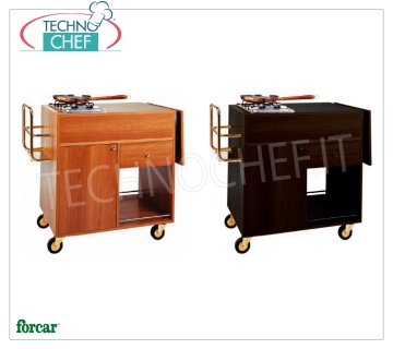 Forcar - CARRO DE FLAMBE con 2 FUEGOS separados, color nogal, Mod.1202 Carrito flameado en madera de melamina NEGRO, con 2 QUEMADORES, botellero, solapa lateral, compartimento inferior con puerta abatible, 1 cajón y estante inferior, dim.mm.1050x580x850h