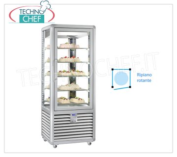 TECHNOCHEF - Vitrina Refrigerada para Pastelería, Temp.+5°-20°C, 1 Puerta, lt.427, Mod.CGL450R2T Vitrina multitemperatura de + 5 ° a -20 ° C para pastelería 1 puerta, refrigeración ventilada, Línea Curve, con 4 lados de exhibición, 5 estantes de vidrio giratorios Ø 452, capacidad 427 lt, V.230 / 1, Kw.0.54 , Peso 186 Kg, dim.mm.720x620x1860h