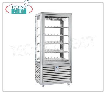 TECHNOCHEF - Vitrina Refrigerada para Pastelería, Temp.+5°-20°C, 1 Puerta, lt.541, Mod.CGL600G2T Vitrina multitemperatura de +5° a -20°C para pastelería 1 puerta, refrigeración ventilada, Línea Curve, con 4 lados expositores, 5 estantes rectangulares 747x445 mm, capacidad 541 lt, V.230/1, Kw.0.85, Peso 205 Kg, dim.mm.900x620x1860h