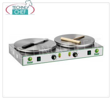 Technochef - Crepera eléctrica profesional, 2 placas de hierro fundido Ø 350 mm, Mod. CRP2N CREPE DE MESA ELÉCTRICA con 2 PLACAS DE COCCIÓN DE HIERRO FUNDIDO y DIÁMETRO DE SUPERFICIE MÚLTIPLES ANTIDESLIZANTE 350 MM, control termostático de la temperatura de cocción, V.400 / 3 + N, Kw. 2,4 + 2,4, Peso 23 Kg, dimensiones externas mm.760x370x140h.