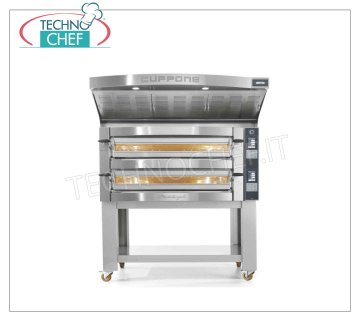 CUPPONE - Horno eléctrico para 6 Pizzas, Ø 35 cm - CÁMARA 108x72x14h cm, mod. MICHELANGELO Horno Eléctrico para 6 PIZZAS, Cámara de Acero Inoxidable, 108x72x14h cm, Placa de cocción de ladrillo de cordierita, Línea Michelangelo, Disponible en 2 Versiones con Controles Digitales o Pantalla Táctil, V. 380/3 + N, Kw 8,6, Peso 208 kg, dim. milímetro 1550x1100x440h