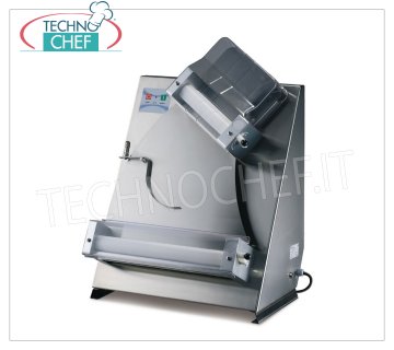 Esparcidor de pizza con 2 pares de rodillos inclinados de 400 mm, modelo DL40 Rodillo para pizza en acero inoxidable con 2 PARES DE ROLLOS INCLINADOS LARGOS mm 400, para panes de 80/400 gramos, V 230/1, kW 0,37, dim. 520x450x712hmm