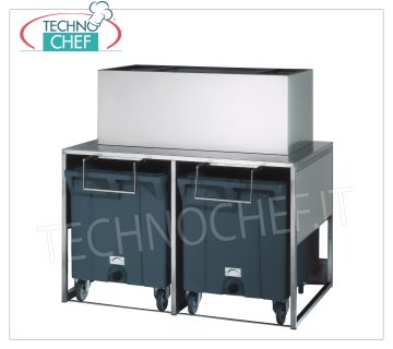 Soporte de acero inoxidable para introducir cubetas de hielo sobre ruedas, con depósito de hielo de 50 kg.