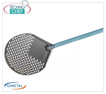 Gi.Metal - Pala para pizza redonda de aluminio perforado SHA, Evolution Line, longitud del mango 180 cm Pala para pizza perforada redonda en aluminio SHA, Línea Evolution, ligera, lisa y resistente, diámetro 330 mm, longitud del mango 1800 mm.