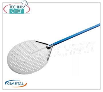 Gi.Metal - Pala para pizza redonda de aluminio perforado, Blue Line, longitud del mango 120 cm Pala para pizza perforada redonda en aleación de aluminio, Blue Line, ligera, flexible y resistente, diámetro 300 mm, longitud del mango 1200 mm.