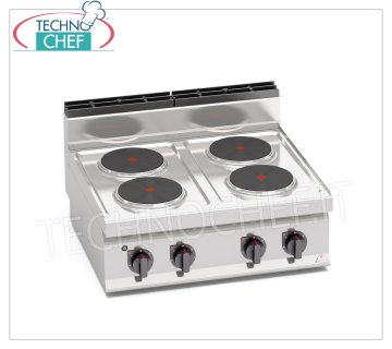 TECHNOCHEF - COCINA ELÉCTRICA 4 PLACAS SUPERIORES, Kw.10,4, Mod.E7P4B COCINA ELÉCTRICA 4 PLACAS, BERTOS, Línea MACROS 700, Serie ALTA POTENCIA, con 4 placas REDONDAS Ø 220 mm, MANDOS INDEPENDIENTES, 6 niveles de potencia, V.400/3+N, Kw.10,4, Peso 41 Kg, dim .mm.800x700x290h