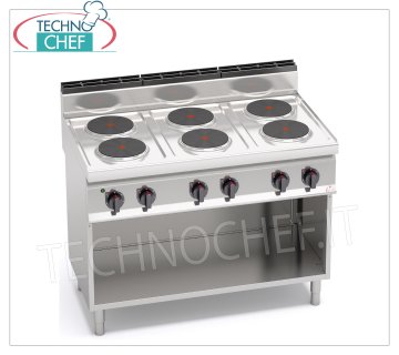 TECHNOCHEF - COCINA ELÉCTRICA 6 PLACAS sobre MUEBLE ABIERTO, Kw.15,6, Mod.E7P6M COCINA ELÉCTRICA 6 PLACAS sobre ARMARIO ABIERTO, BERTOS, Línea MACROS 700, Serie ALTA POTENCIA, con 6 placas REDONDAS Ø 220 mm, MANDOS INDEPENDIENTES, 6 niveles de potencia, V.400/3+N, Kw.15,6 Peso 83 Kg, dim.mm.1200x700x900h