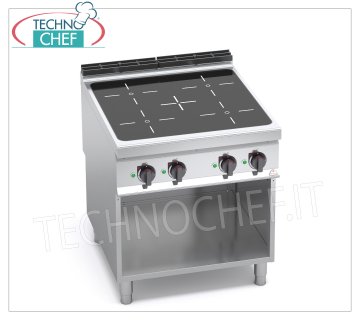TECHNOCHEF - COCINA DE INDUCCIÓN ELÉCTRICA DE 4 ZONAS en CUBA ABIERTA, mod. E9P4M/IND COCINA ELÉCTRICA 4 ZONAS INDUCCIÓN sobre ARMARIO ABIERTO, Línea BERTOS MAXIMA 900, Serie POWER INDUCTION, con 4 ZONAS CUADRADAS de 270x270 mm, CONTROLES INDEPENDIENTES, 9 niveles de potencia, V.400/3+N, Kw.20,00, Peso 85 Kg , dim.mm.800x900x900h