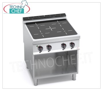 TECHNOCHEF - COCINA ELÉCTRICA 4 ZONAS con INFRARROJOS en CUBA ABIERTA, mod. E9P4MP/VTR COCINA ELÉCTRICA 4 ZONAS INFRARROJOS sobre ARMARIO ABIERTO, Línea BERTOS MAXIMA 900, Serie INFRARROJOS, con 4 ZONAS CUADRADAS de 270x270 mm, MANDOS INDEPENDIENTES, V.400/3+N, Kw. 16.00, Peso 72 Kg, dim.mm.800x900x900h