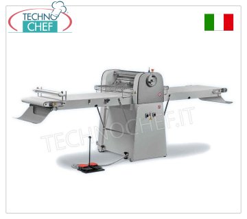 LAMINADORA PASTELERÍA MECANIZADA con CORREAS 140x60 cm, mod. FÁCIL6-140 Laminadora de pastelería MECANIZADA profesional con CORREAS-FUERTAS de 1400x600 mm equipada con PLACA INFERIOR para RECOGEDOR DE HARINA y PASTELERÍA, Rodillos RODABLES de 600 mm regulables de 0 a 40 mm, Peso 255 Kg, kw 1,1-0,66, tamaño abierto mm 3180x1010x1160h