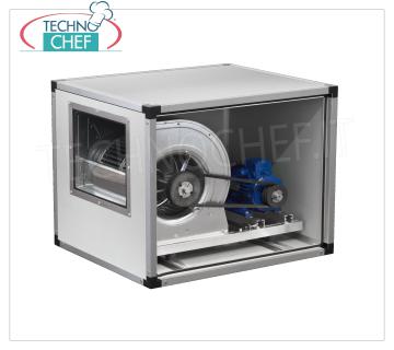 Aspiradores centrífugos en caja de 1 velocidad, transmisión por correa y poleas ASPIRADOR EN CAJA con VENTILADOR CENTRÍFUGO de 1 velocidad, TRANSMISIÓN por CORREAS y POLEAS, paneles de ACERO INOXIDABLE, caudal máximo 1.500 m/cúbico/hora, 1300 rpm, db 62, V.380/3, Kw.0,55, Peso 38 Kg , dim.mm.600x800x600h