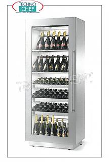 Frigorífico para vinos 1 puerta de vidrio, capacidad de 96 a 162 botellas, temperatura + 4 ° / + 18 ° C FRIGOR PARA VINOS, 1 puerta de vidrio, versión con 2 ESTANTES TUBULARES para BOTELLAS INCLINADAS + 3 ESTANTES EN CAJÓN DE MADERA para BOTELLAS HORIZONTALES, temp. + 4 + 18 ° C, REFRIGERACIÓN VENTILADA, 96 botellas, V.230 / 1 , Kw.0.19, Peso 150 Kg, dim.mm.820x500x19