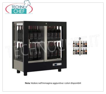 BODEGA-CAJA para 64 botellas Vertical, Estática-Ventilada, 4 Laterales de Vidrio para INSTALACIÓN CENTRAL ESTUCHE DE VINO con MARCO ESTRUCTURA en MADERA NEGRA MATE, COPAS POR TODOS LADOS, capacidad VERTICAL 64 botellas, refrigeración VENTILADA, temp.+4°/+16°C, para VINOS BLANCOS o TINTOS, puertas en 2 frentes, V.230/1 , Kw.0,40, Peso 77 Kg, dim.mm.860x530x938h