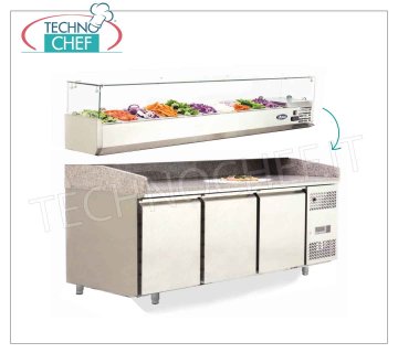 Mostrador de pizza refrigerado de 3 PUERTAS, cubierta de GRANITO - Vitrina de ingredientes opcionales MESA PIZZA REFRIGERADA 3 PUERTAS, Ventilada, Temp.-2°+8°C. - Clase energética B, V.230/1, (Sin VITRINA DE INGREDIENTES), dim.mm.2010x800x900h