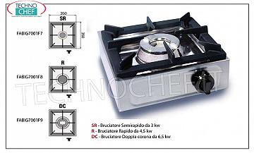 cocina de gas profesional, 1 fuego ESTUFA DE GAS DE MESA con 1 QUEMADOR PROFESIONAL DE ACERO INOXIDABLE, funcionamiento con gas universal, dimensiones 350x350x170h mm, fabricada en 3 VERSIONES con POTENCIA TÉRMICA de 3 a 6,5 ​​kw, GAMA COMPLETA