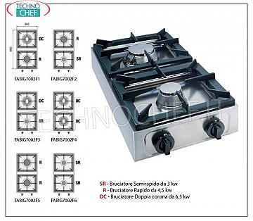 Estufa de gas profesional de sobremesa, 2 fuegos. ESTUFA DE GAS DE MESA con 2 QUEMADORES PROFESIONALES DE ACERO INOXIDABLE, funcionamiento con gas universal, dimensiones 350x660x170h mm, fabricada en 6 VERSIONES con POTENCIA TÉRMICA de 6 a 13 kw, GAMA COMPLETA