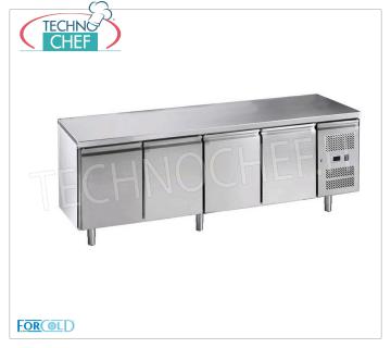 Forcold- Mesa refrigerada de 4 puertas, Temp.-2 ° / + 8 ° C, lt.553, Ventilada, Mod.G-GN4100TN-FC Mesa refrigerada o profesional de 4 puertas, capacidad lt.553, temperatura -2 ° / + 8 ° C, refrigeración ventilada, Gastronorm 1/1, ECOLÓGICO en clase C, Gas R290, V.230 / 1, Kw. 0,398, Peso 132 Kg, dim.mm.2230x700x850h