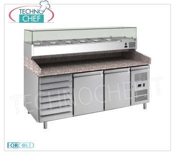 Mostrador refrigerado para pizza, 2 puertas, 7 cajones, vitrina para ingredientes, dim.mm.2020x800x1435h