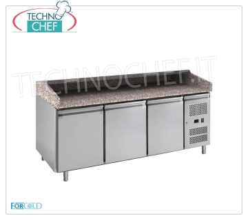 Mostrador pizzero refrigerado 3 PUERTAS, encimera de GRANITO, ventilado Clase C MESA PIZZA REFRIGERADA de 3 PUERTAS, encimera de GRANITO, temperatura +2°/+8°C, ECOLÓGICA Ventilada en CLASE C, V 230/1, Kw 0,398, Peso 306 Kg, dim.mm.2020x800x1000h.