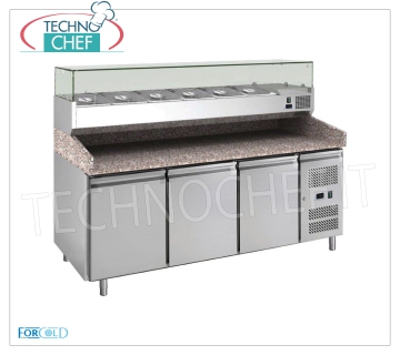 Mostrador de Pizza Refrigerado 3 PUERTAS, Top de GRANITO y Vitrina de Ingredientes 1/3 o 1/4 gn, Clase C MESA PIZZA REFRIGERADA 3 PUERTAS, marca FORCOLD, con vitrina refrigerada de 330 mm de profundidad, capacidad 10 bandejas GN 1/4 (265x162 mm), temperatura de funcionamiento +2°/+8 °C, Ventilada, Kw.0,398, V.230 / 1, dim.mm.2020x800x1400h