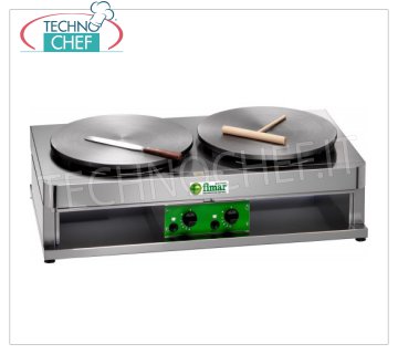 Technochef - Crepera de gas profesional, 2 placas de hierro fundido Ø 400 mm, Mod. CRP400G2 CREPE DE MESA DE GAS con 2 PLACAS DE COCCIÓN DE HIERRO FUNDIDO y SUPERFICIE MULTILÍNEA SIN DESLIZAMIENTO, DIÁMETRO 400 MM, control termostático de la temperatura de cocción, potencia térmica Kw. 3,6 + 3,6, Peso 46 Kg, dimensiones externas mm.900x480x270h