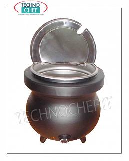 Sopera eléctrica de aluminio con recipiente y tapa de acero inoxidable.