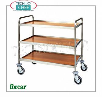 Carros de servicio de ACERO INOXIDABLE con 3 ESTANTES DE MELAMINA, capacidad 120 Kg Carro de servicio de acero inoxidable, marca FORCAR, con 3 estantes en melamina NOGAL o WENGE 'y marco perimetral de acero inoxidable, GAMA COMPLETA