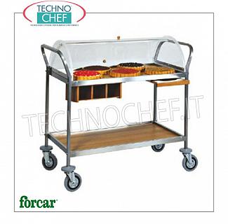 Carruajes de dulces y quesos El hacer compras para pasteles, queso y arrancadores de acero inoxidable, FORCAR Marca, completo con plexiglás cúpula, de dos pisos de madera de nogal semicircular de madera color wengué o', opcionales disponibles: estantería platillo, cajón de los cubiertos, etc .., GAMA COMPLETA