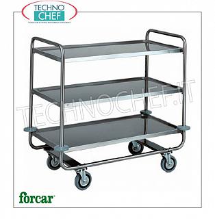 Carros de servicio de acero inoxidable Carro de servicio de acero inoxidable marca FORCAR con 3 estantes moldeados, capacidad max 150 Kg, dim.mm.1100x600x1000h