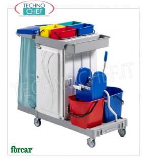 Forcar - Carro de limpieza, 2 cubos lt.15, escurridor, porta bolsas, compartimento central, mod. CA1616 Carro multiusos para limpieza, completo con escurridor, caja mediana, cesta para botellas, porta bolsas, 4 cubetas de 4 lt y 2 cubetas de 15 lt, ganchos para escobas, compartimento central con cajón deslizante, ruedas Ø 100 mm, dim.mm.1330x680x1240h