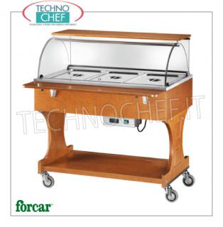 FORCAR - Technochef, Trolley cálido en baño maría, 3 contenedores GN 1/1, Mod. CL2778 Vitrina caliente en baño maría en madera NOCE, marca FORCAR, completa con cúpula de plexiglás, 2 estantes de soporte y estante inferior, capacidad 3 contenedores GN 1/1 (no incluidos), temperatura + 30 ° / + 90 ° C, V .230 / 1, Kw.2.00, dim.mm.1110x900x126