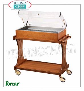 Carritos de exhibición refrigerados Carro refrigerado para postres, quesos y aperitivos en madera de color NOGAL o WENGE, marca FORCAR, completo con cúpula de plexiglás, 8 placas eutécticas y estante inferior, capacidad total 50 Kg, dim.mm.1060x550x1080h