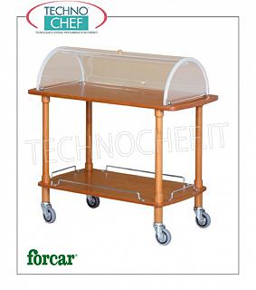 Carruajes de dulces y de madera de queso La compra de dulces, quesos y entrantes de madera maciza con cúpula de plexiglás semicircular abierta en los 2 lados, FORCAR Marca, de 2 plantas en varias capas teñido nogal, 4 ruedas diam.95 mm, dim.mm.1100x550x1070h