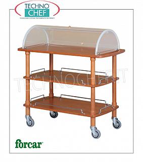 Carruajes de dulces y de madera de queso La compra de dulces, quesos y entrantes de madera maciza con cúpula de plexiglás semicircular abierta en los 2 lados, FORCAR Marca, de 3 plantas en varias capas teñido nogal, 4 ruedas diam.95 mm, dim.mm.1100x550x1140h