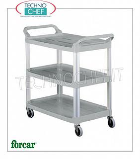 Carros de servicio con estructura de aluminio y 3 estantes de plástico. Carro de servicio en aluminio y plástico marca FORCAR, con 3 estantes y montantes de aluminio, dim.mm.850x430x950h