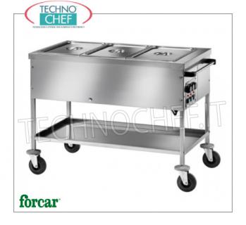 FORCAR - Technochef, Trolley cálido en baño maría, Mod. CT1758TD Carro térmico baño maría de acero inoxidable, marca FORCAR, con bañera para 2 lavabos Gastro-Norm 1/1, h 150 mm (no incluido) y estante inferior, termostato ajustable + 30 ° / + 90 ° C para cada lavabo, V.230 / 1, Kw.2.00, dim.mm.840x650x850h